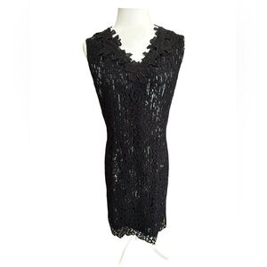 Elie Tahari Naya Black Lace Dress Sz 6 V-Neck Floral Embroidered Sheath Cocktail